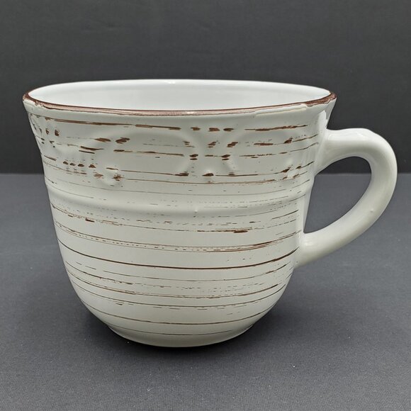Pfaltzgraff Trellis White Mugs White Mugs Brown Bands Embossed Scrolls - Picture 6 of 6
